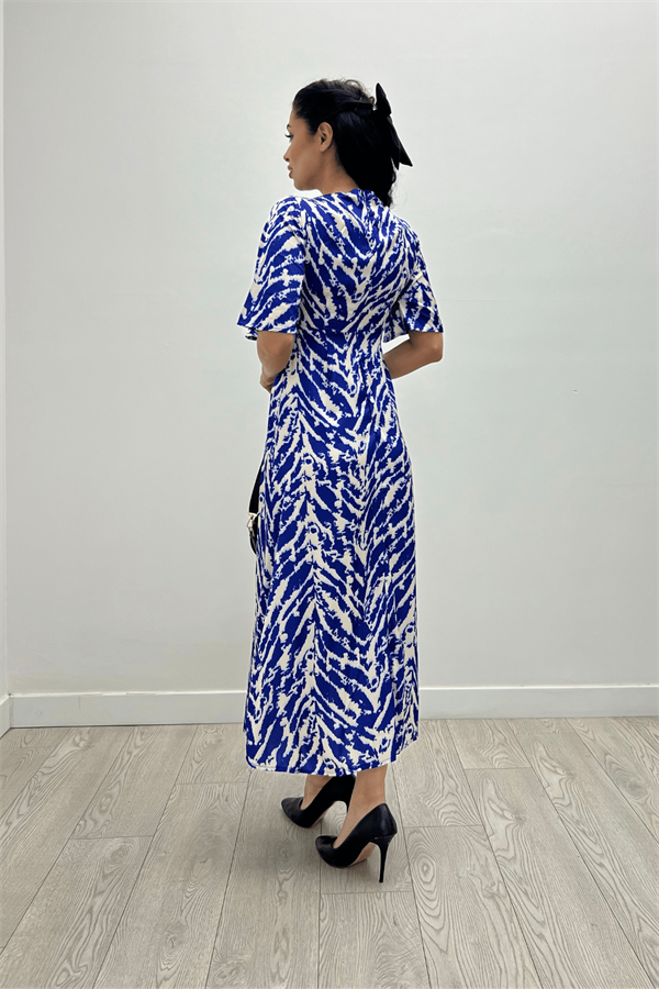 Saten Kumaş Göğsü  Büzgü Detaylı Elbise - SAKS MAVİ