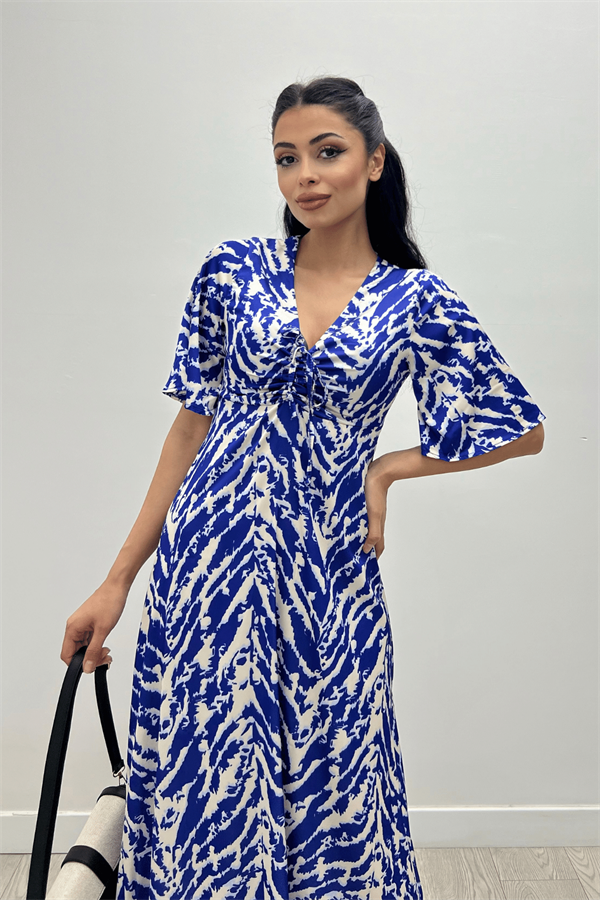 Saten Kumaş Göğsü  Büzgü Detaylı Elbise - SAKS MAVİ