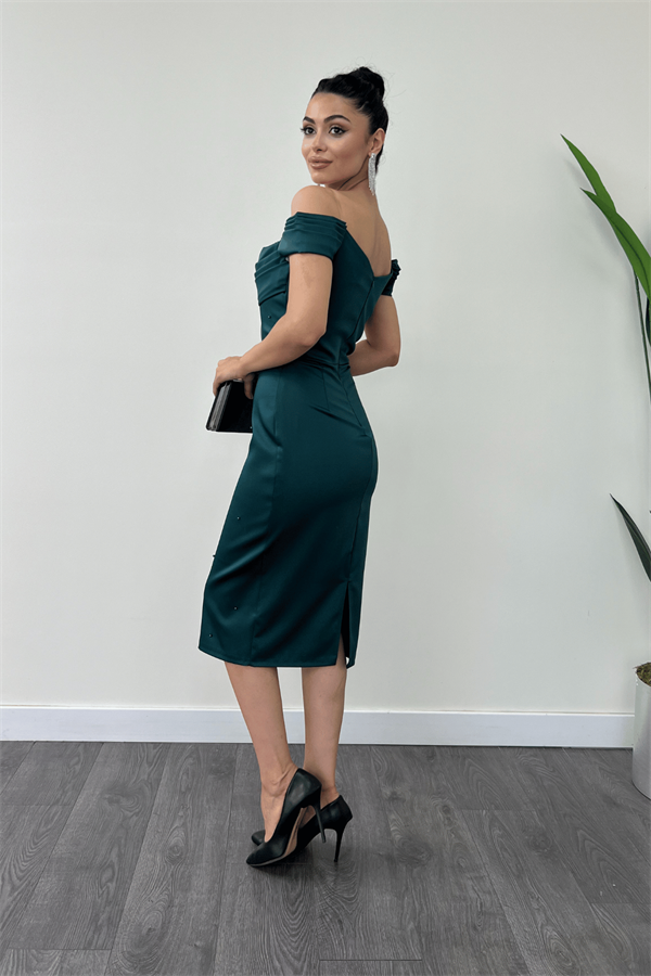 Saten Kumaş İnci Detaylı Kalem Elbise - ZÜMRÜT YEŞİL