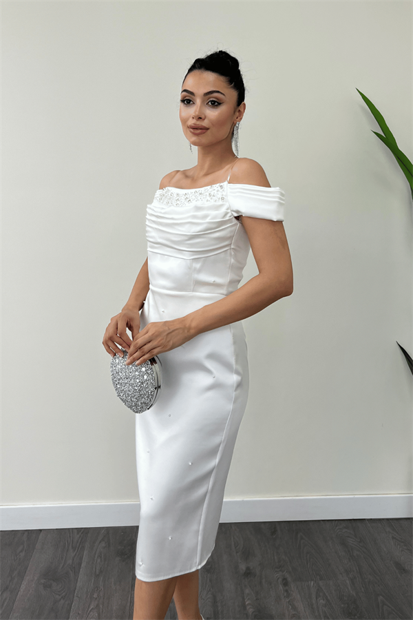 Saten Kumaş İnci Detaylı Kalem Elbise - BEYAZ
