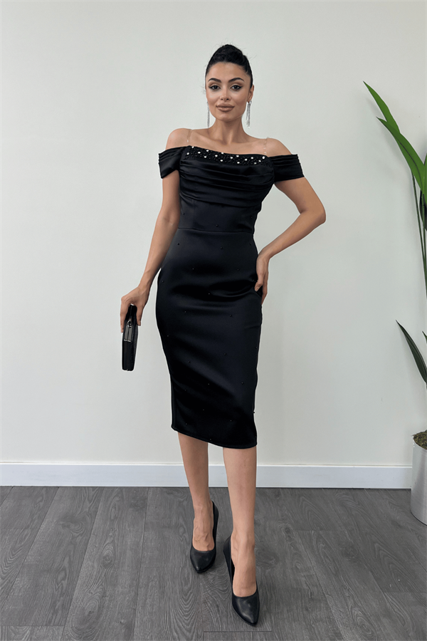 Saten Kumaş İnci Detaylı Kalem Elbise - SİYAH