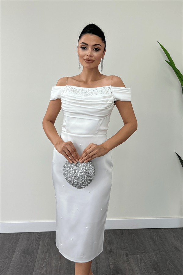 Saten Kumaş İnci Detaylı Kalem Elbise - BEYAZ