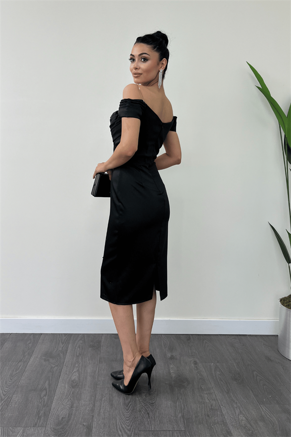 Saten Kumaş İnci Detaylı Kalem Elbise - SİYAH