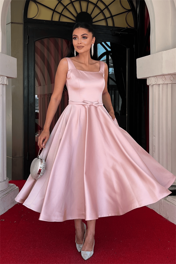 Saten Kumaş Kalın Askılı Midi Boy Elbise - PUDRA