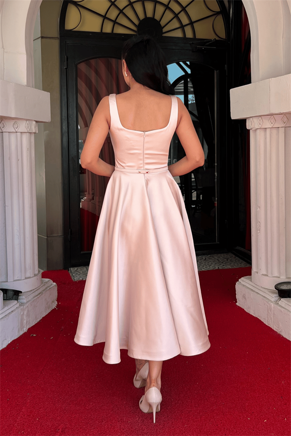 Saten Kumaş Kalın Askılı Midi Boy Elbise - KREM