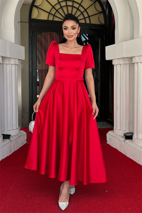 Saten Kumaş Kare Yaka Balon Kol Midi Elbise - KIRMIZI