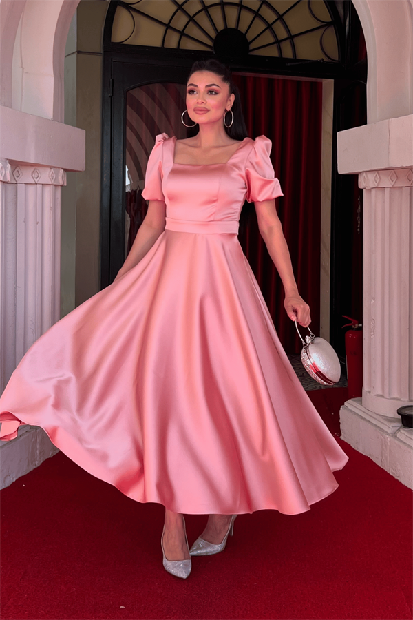 Saten Kumaş Kare Yaka Balon Kol Midi Elbise - PUDRA