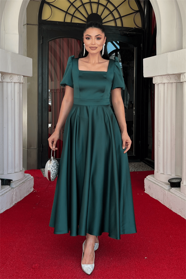 Saten Kumaş Kare Yaka Balon Kol Midi Elbise - ZÜMRÜT YEŞİL