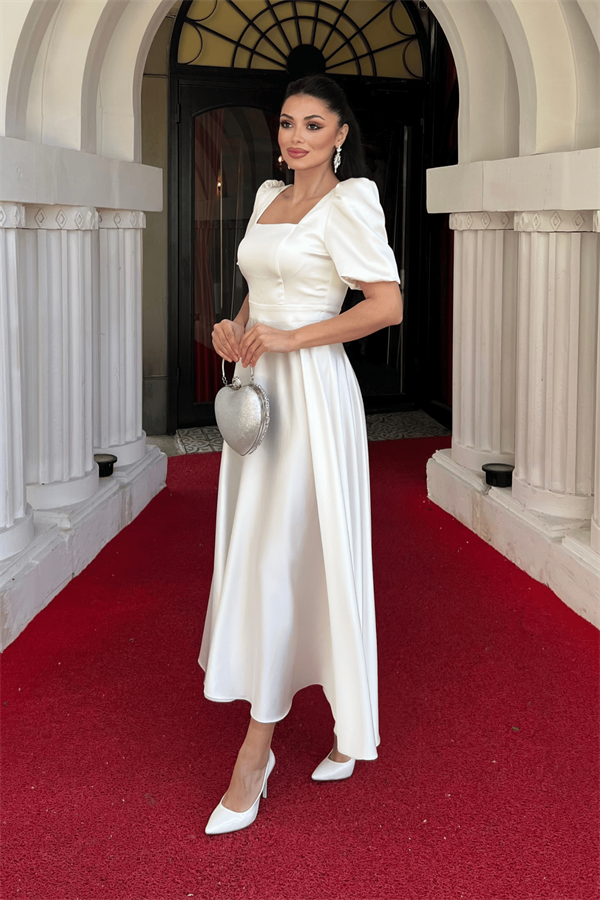 Saten Kumaş Kare Yaka Balon Kol Midi Elbise - BEYAZ