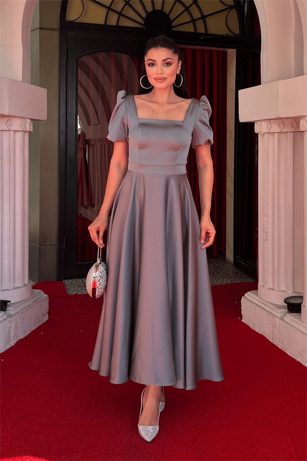 Saten Kumaş Kare Yaka Balon Kol Midi Elbise - MİNT YEŞİLİ