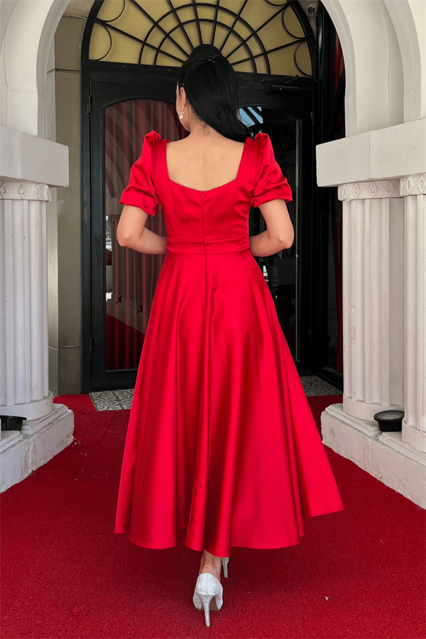 Saten Kumaş Kare Yaka Balon Kol Midi Elbise - KIRMIZI