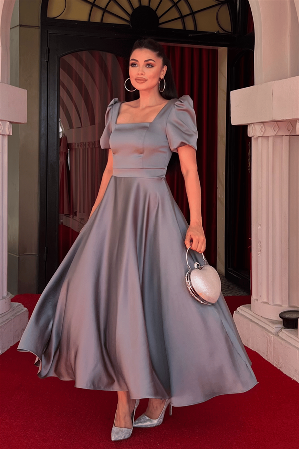 Saten Kumaş Kare Yaka Balon Kol Midi Elbise - MİNT YEŞİLİ