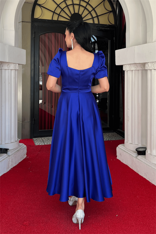 Saten Kumaş Kare Yaka Balon Kol Midi Elbise - SAKS MAVİ