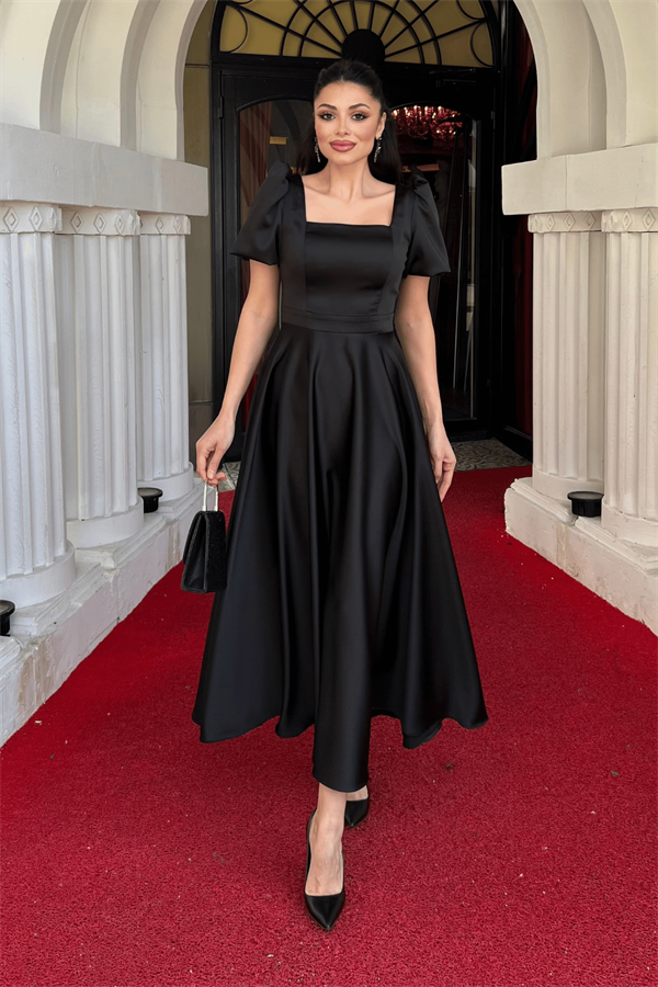 Saten Kumaş Kare Yaka Balon Kol Midi Elbise - SİYAH