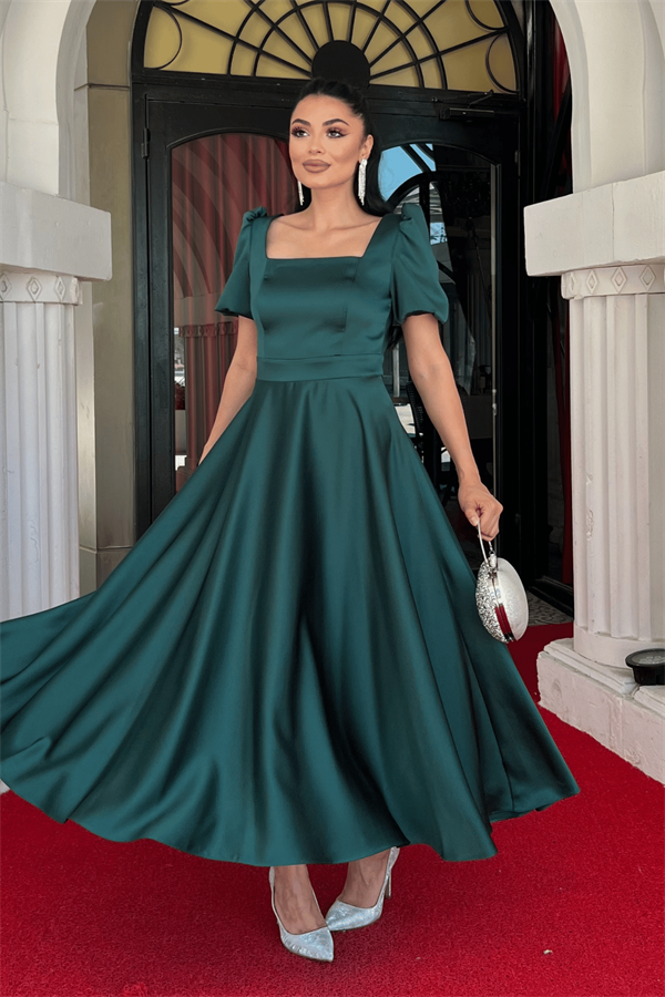 Saten Kumaş Kare Yaka Balon Kol Midi Elbise - ZÜMRÜT YEŞİL