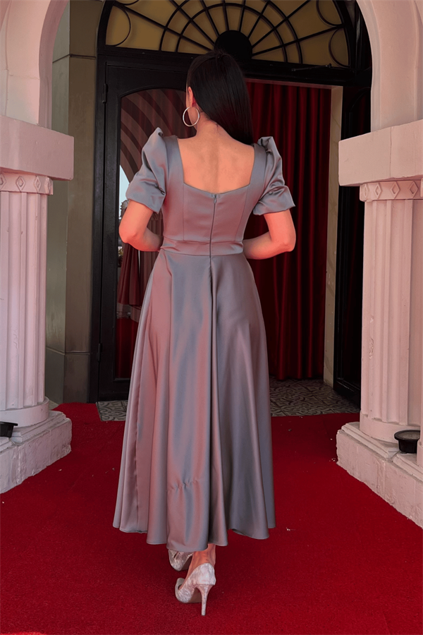 Saten Kumaş Kare Yaka Balon Kol Midi Elbise - MİNT YEŞİLİ