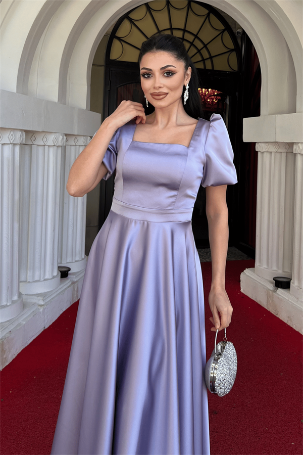 Saten Kumaş Kare Yaka Balon Kol Midi Elbise - LİLA