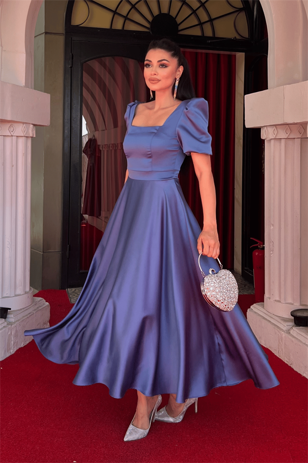 Saten Kumaş Kare Yaka Balon Kol Midi Elbise - İNDİGO MAVİ