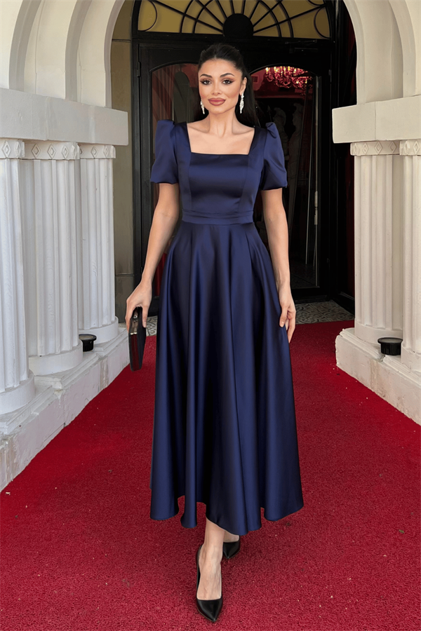 Saten Kumaş Kare Yaka Balon Kol Midi Elbise - LACİVERT