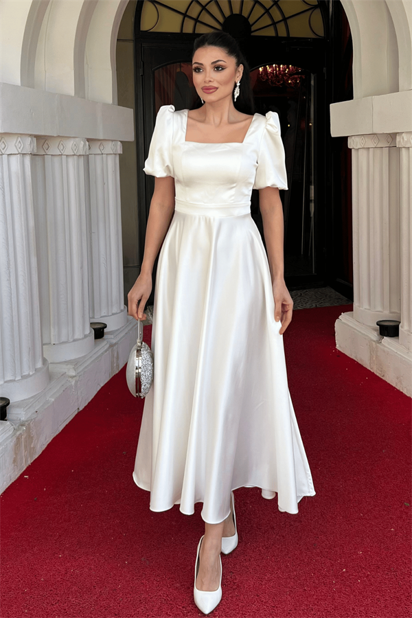 Saten Kumaş Kare Yaka Balon Kol Midi Elbise - BEYAZ