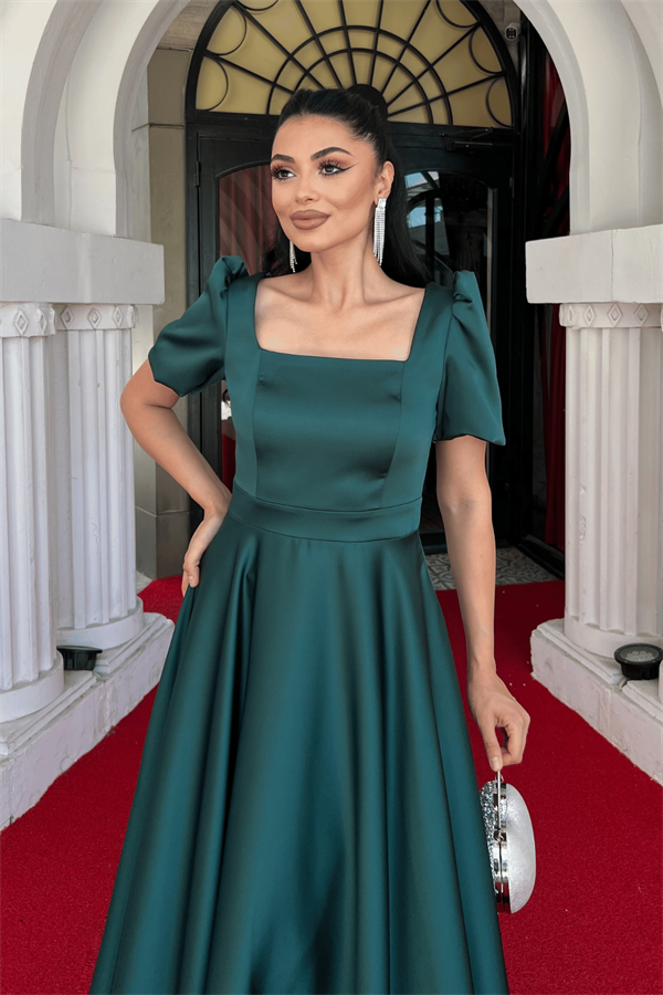 Saten Kumaş Kare Yaka Balon Kol Midi Elbise - ZÜMRÜT YEŞİL