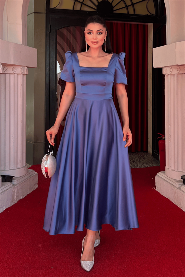 Saten Kumaş Kare Yaka Balon Kol Midi Elbise - İNDİGO MAVİ