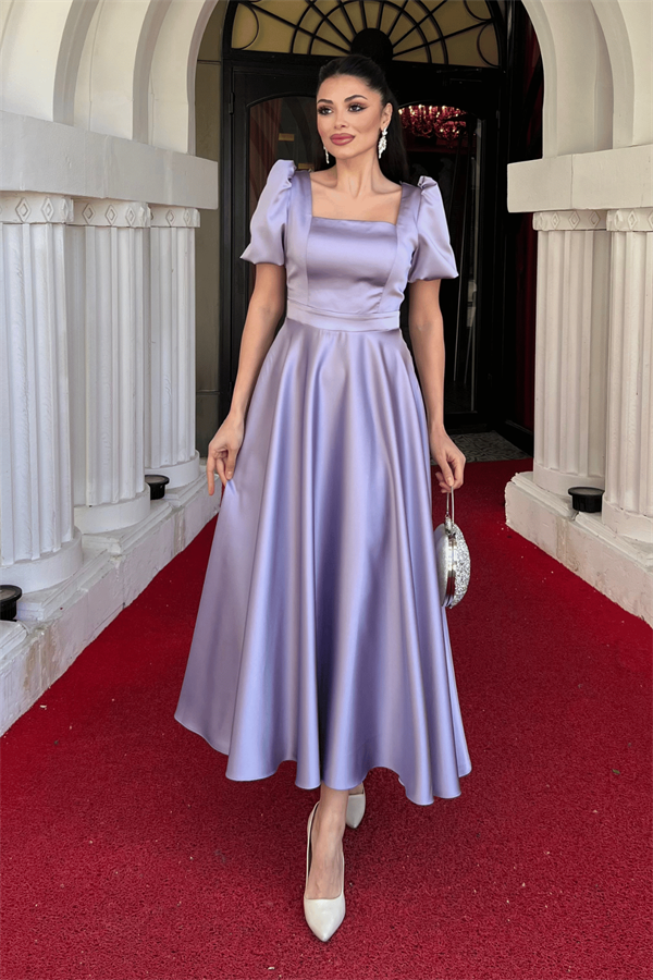 Saten Kumaş Kare Yaka Balon Kol Midi Elbise - LİLA