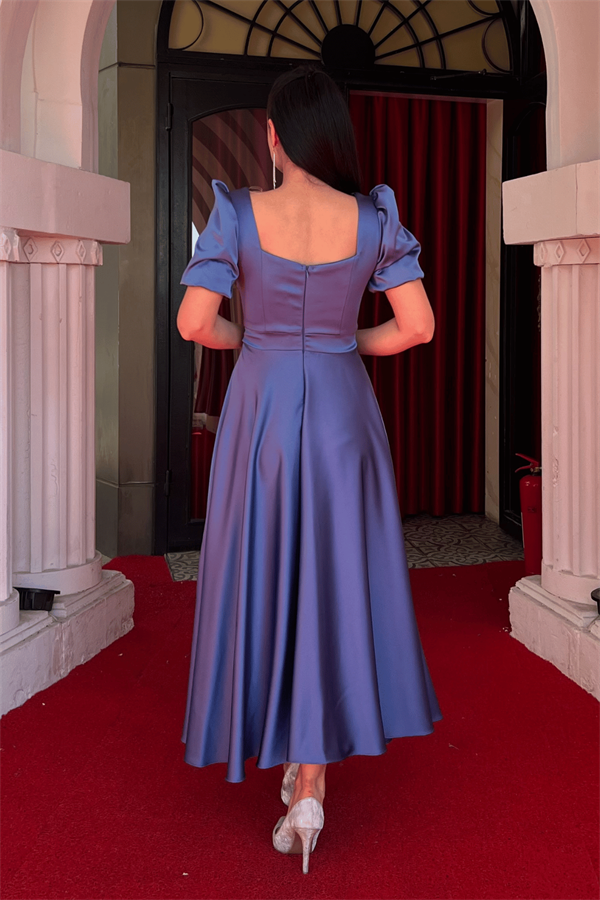 Saten Kumaş Kare Yaka Balon Kol Midi Elbise - İNDİGO MAVİ