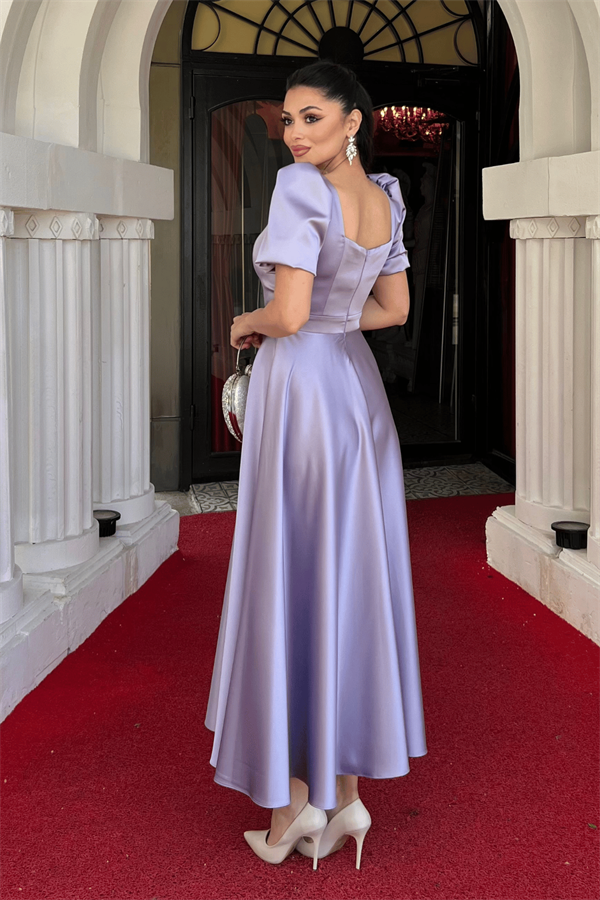 Saten Kumaş Kare Yaka Balon Kol Midi Elbise - LİLA