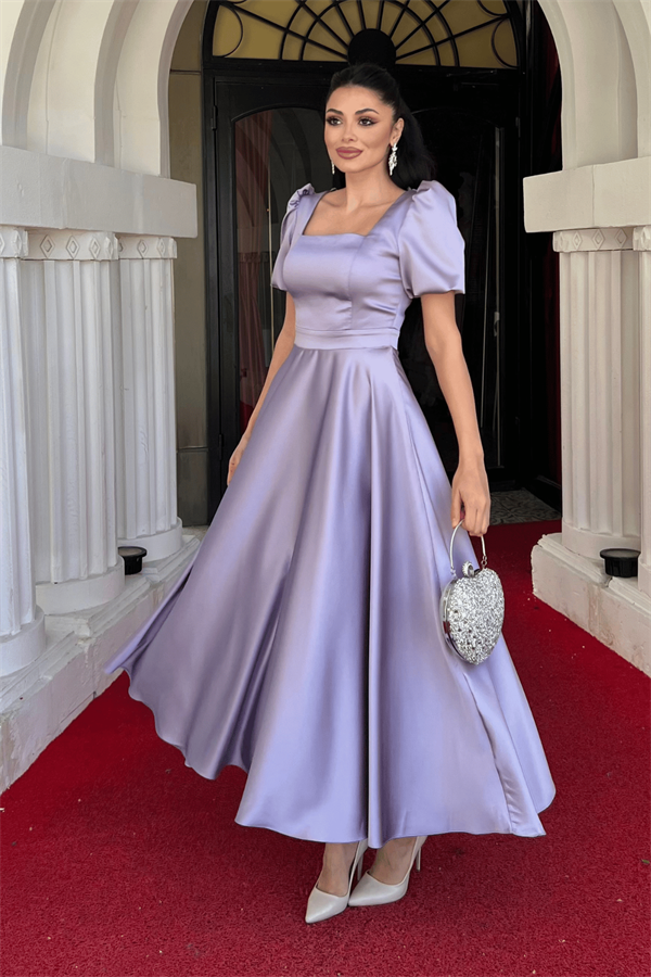 Saten Kumaş Kare Yaka Balon Kol Midi Elbise - LİLA