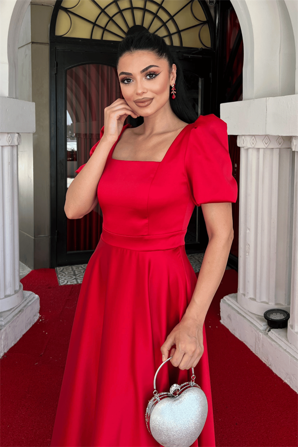 Saten Kumaş Kare Yaka Balon Kol Midi Elbise - KIRMIZI