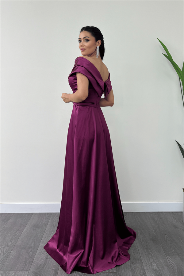 Saten Kumaş Kayık Yaka Abiye Elbise - MÜRDÜM