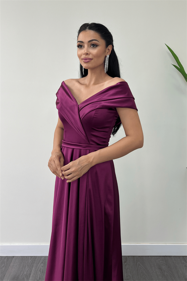 Saten Kumaş Kayık Yaka Abiye Elbise - MÜRDÜM