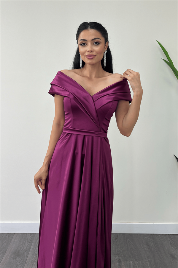 Saten Kumaş Kayık Yaka Abiye Elbise - MÜRDÜM