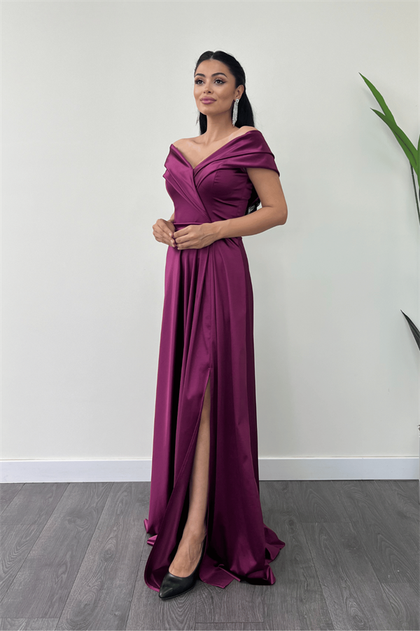 Saten Kumaş Kayık Yaka Abiye Elbise - MÜRDÜM