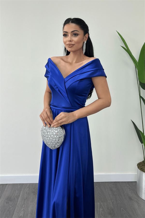 Boat Neck Evening Dress - SAX BLUE