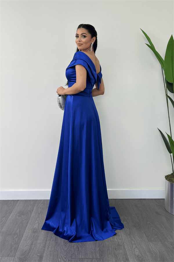 Boat Neck Evening Dress - SAX BLUE