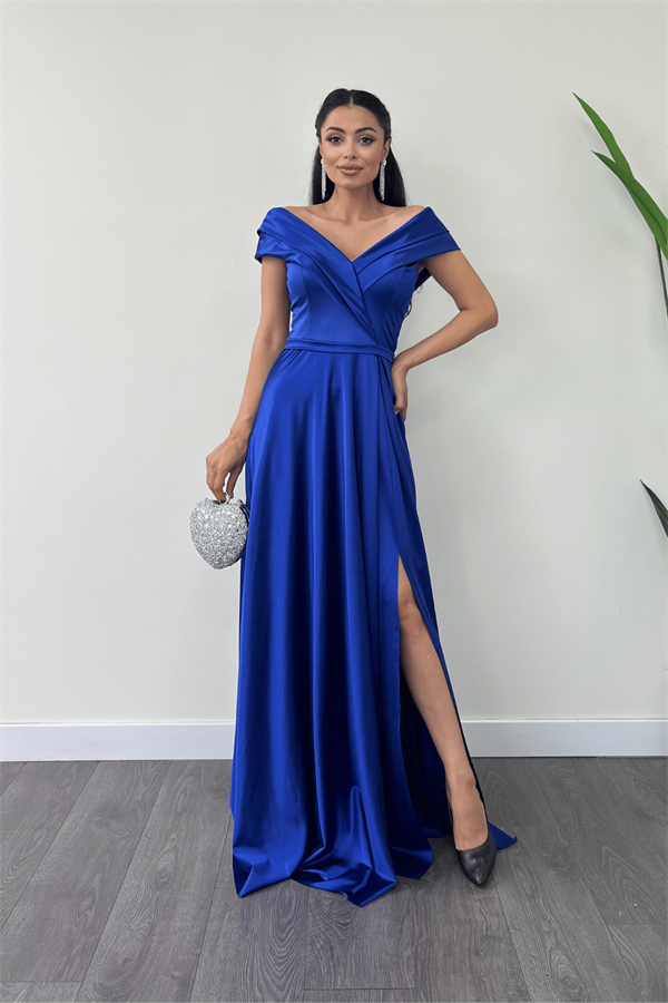Boat Neck Evening Dress - SAX BLUE