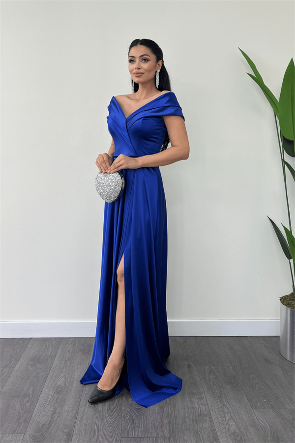 Boat Neck Evening Dress - SAX BLUE