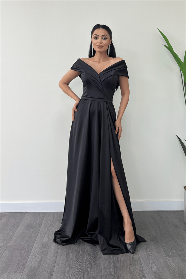 Boat Neck Evening Dress - BLACK