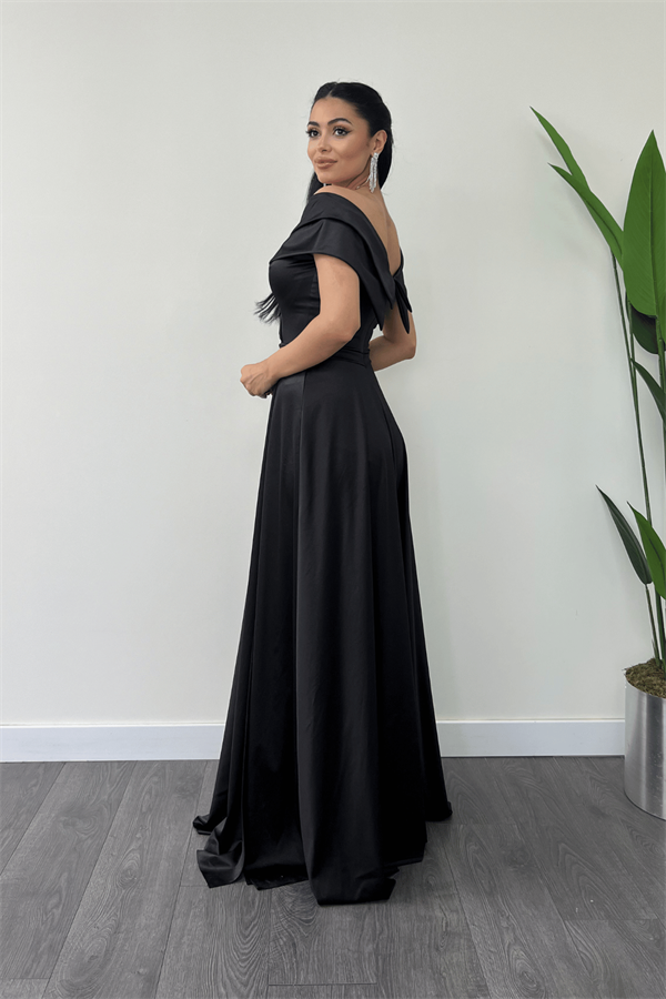 Boat Neck Evening Dress - BLACK