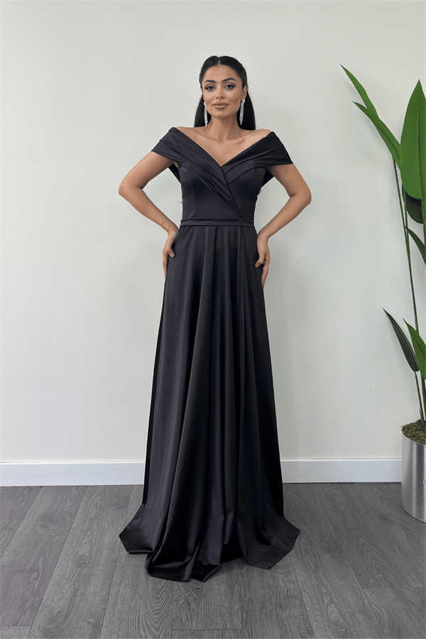 Boat Neck Evening Dress - BLACK