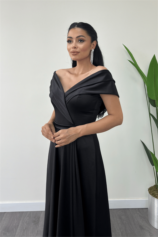 Boat Neck Evening Dress - BLACK