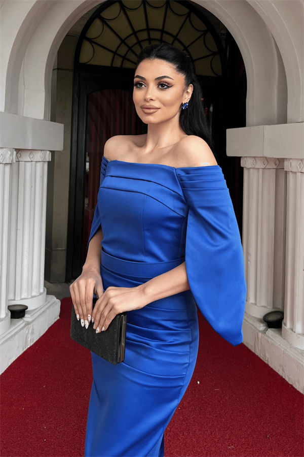 Saten Kumaş Kayık Yaka Kalem Elbise - SAKS MAVİ