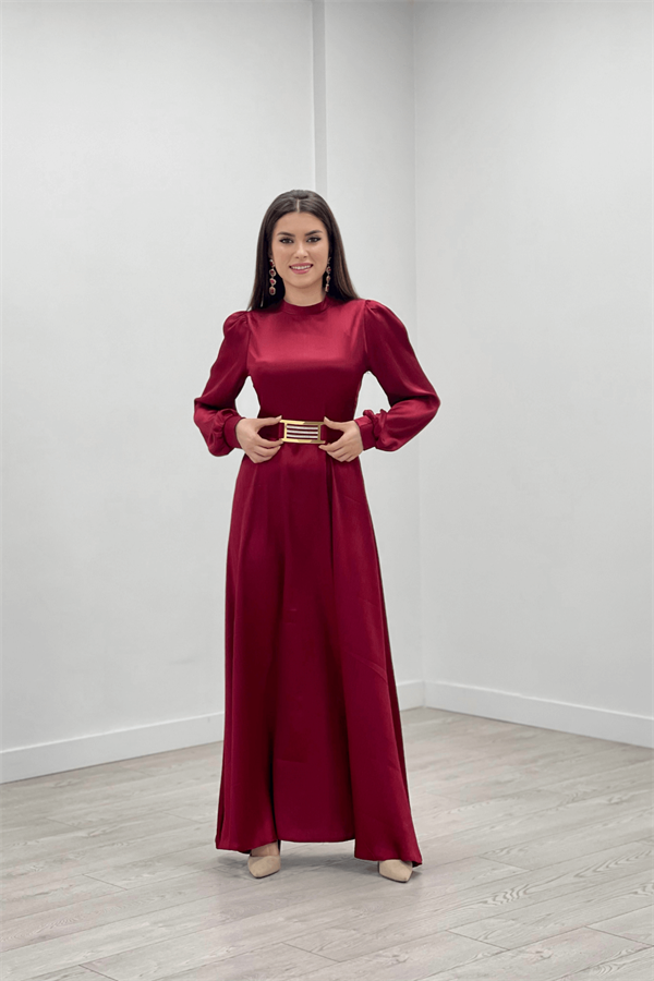Satin Fabric Belt Detailed Evening Dress - BURGUNDY