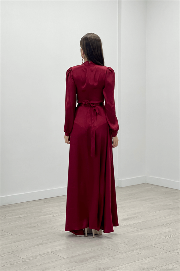 Satin Fabric Belt Detailed Evening Dress - BURGUNDY