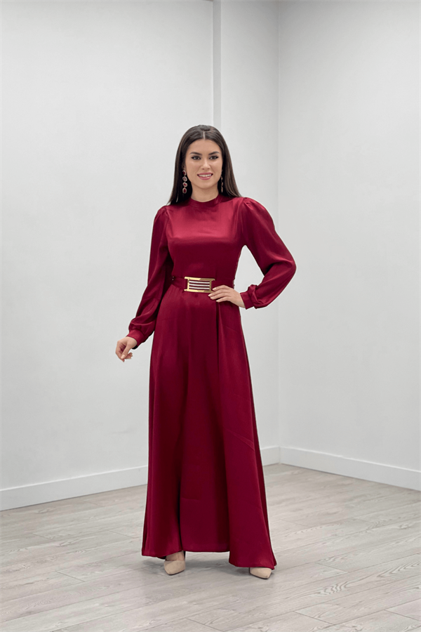 Satin Fabric Belt Detailed Evening Dress - BURGUNDY
