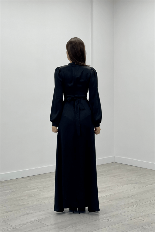 Satin Fabric Belt Detailed Evening Dress - BLACK