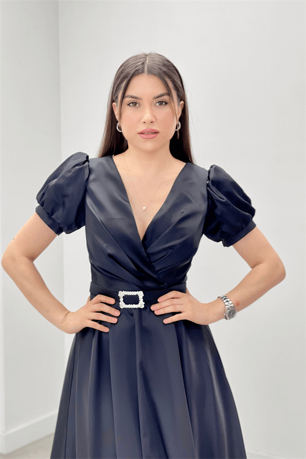 Saten Kumaş Kemer Detaylı Midi Abiye Elbise - SİYAH