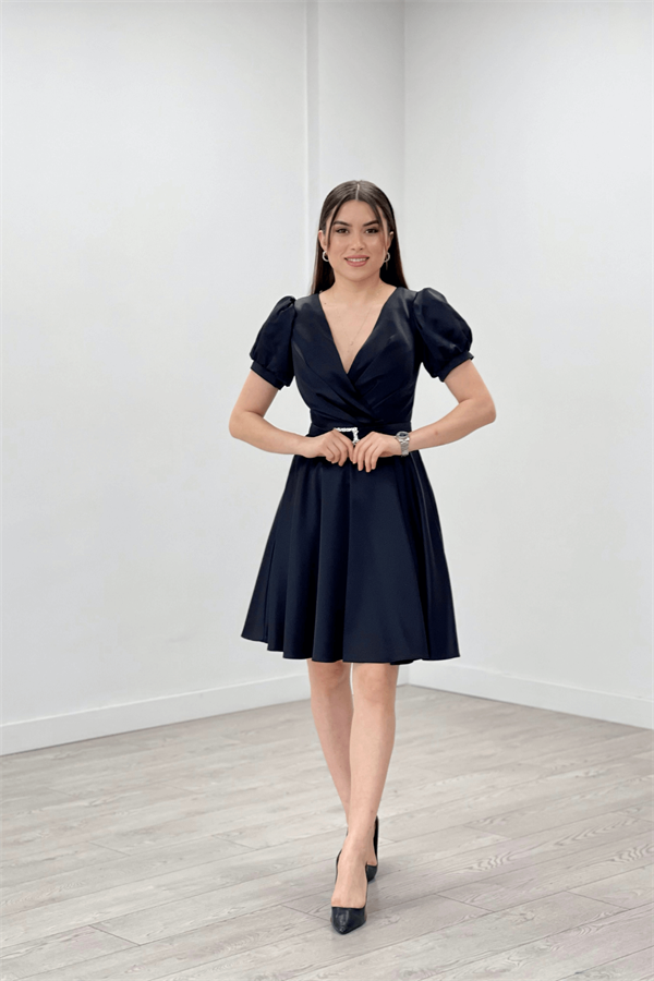 Saten Kumaş Kemer Detaylı Midi Abiye Elbise - SİYAH